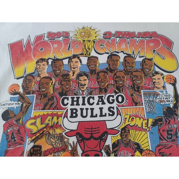 VINTAGE 1993 CHICAGO BULLS SALEM 3-PEAT NBA WORK CHAMPS CARICATURE T-SHIRT LARGE - Picture 4 of 14